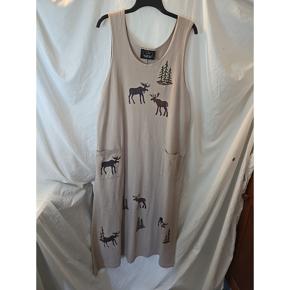 L.A. Artwear Long Sleeveless Dress‎ Brown With Moose Motif Sz L Made In USA